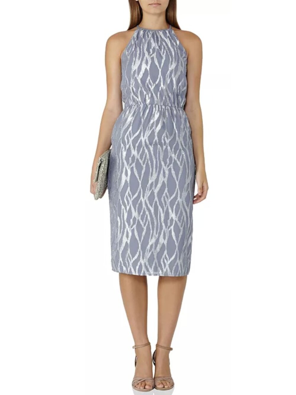 REISS Cass Blue Silver Metallic Burnout Halter Midi Dress 2 Cutaway Shoulder